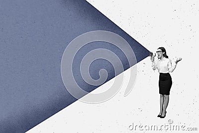 Creative collage image standing young businesswoman loudspeaker announce proclaim blame aggressive boss anger drawing Stock Photo