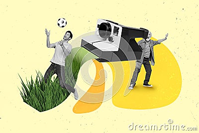 Creative collage image of two black white colors mini people play football photographing huge polaroid instant camera Stock Photo