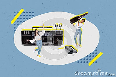 Creative collage image of two crazy carefree people dancing hold huge alcohol bottle boombox music isolated on drawing Stock Photo