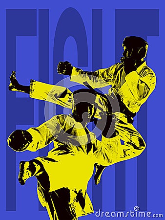 Creative collage with male mma fighter training isolated over blue background with lettering. Poster graphics. Concept Stock Photo