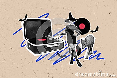 Creative collage of mini black white effect enchant girl demonstrate big vinyl record player wolf flying bats isolated Stock Photo