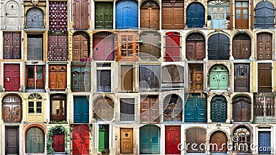 Creative collage with multitude of colorful ancient front house doors Stock Photo