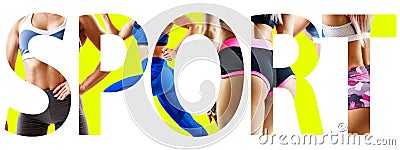 Creative collage of muscular athletic woman with the big word SPORT. Stock Photo