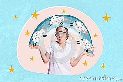 Creative collage photo of funny insomnia attractive woman sleep night mask shrug shoulders count sheep isolated on Stock Photo