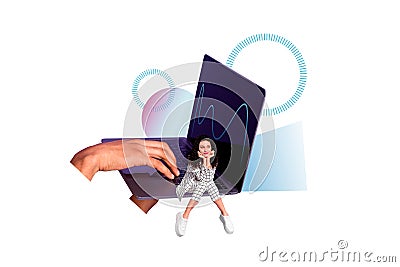 Creative collage photo image sitting dreamy young business lady planning success huge laptop screen show dynamic Stock Photo