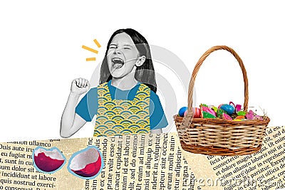 Creative collage photo picture screaming kid preteen girl basket decoration easter egg cracked shell book page cutout Stock Photo
