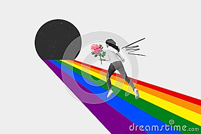 Creative collage picture banner poster running young girl retro hold bouquet flowers rainbow road freedom equality Stock Photo