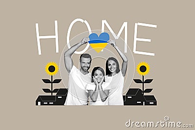 Creative collage picture of black white effect peaceful happy ukrainian family hands hold national blue yellow colors Stock Photo