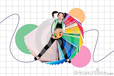 Creative collage picture of crazy excited small girl hold paint palette colorful big copybook isolated on drawing Stock Photo