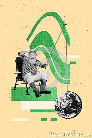 Creative collage picture of funny retro old man fisherman surprised grandfather catching dirty planet earth isolated on Stock Photo