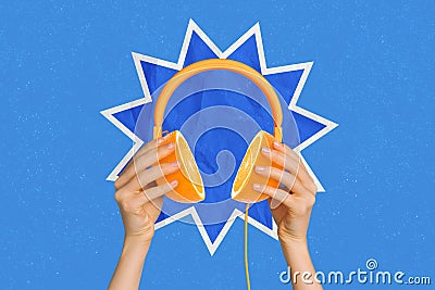 Creative collage picture of hands holding orange slice half headphones headset isolated on blue color background Stock Photo