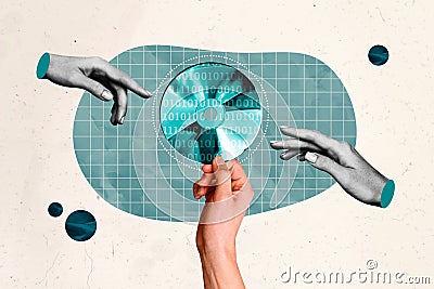 Creative collage picture human arms take computer hard disk digital modern technology information carrier data numbers Stock Photo