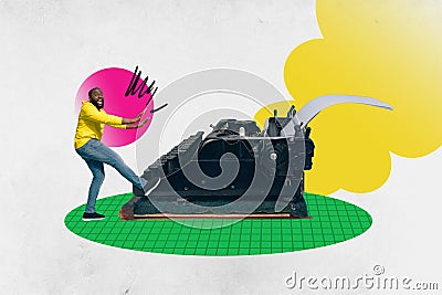 Creative collage picture illustration excited funky crazy young man type text retro typewriter journalist news interview Cartoon Illustration