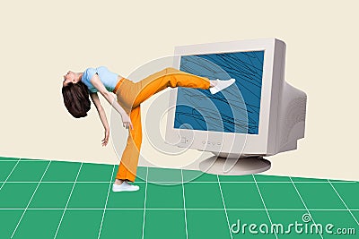 Creative collage picture illustration pose model cheerful charm beautiful young woman large retro computer doodle sketch Cartoon Illustration