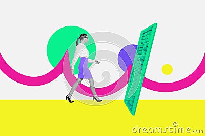 Creative collage picture neon abstract beauty tenderness lady walk sketch draw surrealism large keyboard colorful figure Stock Photo
