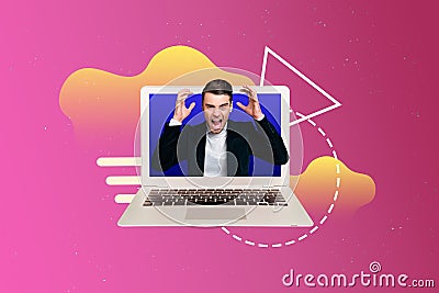 Creative collage picture poster young irritated businessman dissatisfied failure screaming shouting laptop screen remote Stock Photo