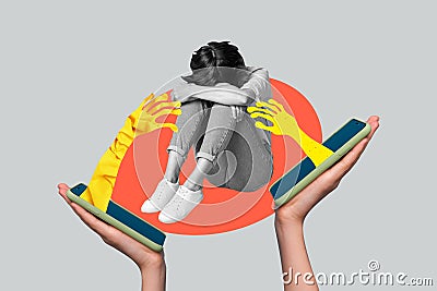 Creative collage picture sitting young depressed woman girl smartphone social media harassment offense mockery victim Stock Photo