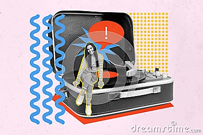 Creative collage picture sitting young woman gramophone player audio stereo vintage vinyl plate party meloman drawing Stock Photo