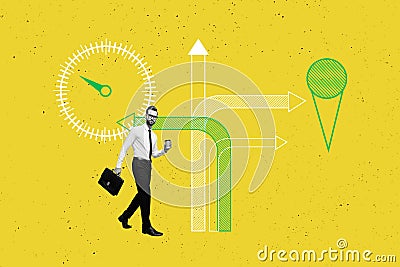 Creative collage picture young businessman entrepreneur walk director boss coffee cup direction arrow diplomat suitcase Stock Photo