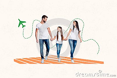 Creative collage picture young walking family members airflight plane tourist tickets travel agency promotion drawing Stock Photo