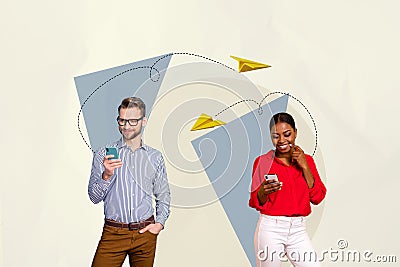 Creative collage two employees coworkers communicate via online messenger send reply remote share correspondence flying Stock Photo