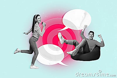 Creative collage of two excited black white colors people sit bean bag raise fists dance sing smart phone listen music Stock Photo