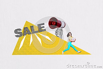 Creative collage walking young girl buy gift carton box present hand hold megaphone proclaim sale season discount Stock Photo