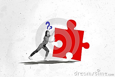 Creative collage young woman puzzle solve problem dilemma connect separated part incomplete game logic intellect Stock Photo