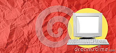 Creative collages of ads and applications use old computers to messenger Internet communication isolated on a red background Stock Photo