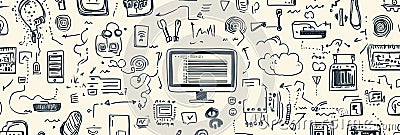 A creative collection of hand-drawn doodles features technology items such as computers, smartphones, coding symbols Stock Photo