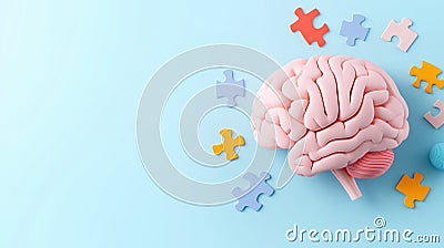Creative and colorful brain design with puzzle pieces scattered around, symbolizing problem solving and cognitive processes. This Stock Photo