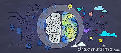 Creative colorful brain sketch on wall backdrop. Brainstorm concept Stock Photo