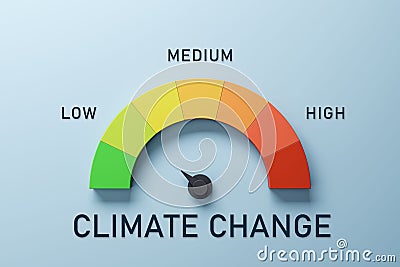 Creative colorful speedometer scale on blue background. Performance, Climate change, pointer rating risk levels, meter, tachometer Stock Photo