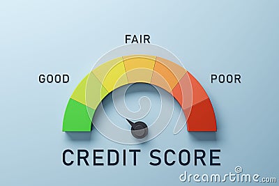 Creative colorful speedometer scale on blue background. Performance, Credit score, pointer rating risk levels, meter, tachometer. Stock Photo