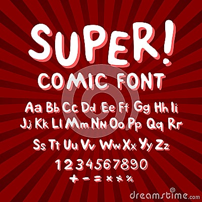 Creative comic font. Alphabet in style of comics, pop art. Multilayer funny red & chocolate 3d letters and figures on a yellow ci Vector Illustration