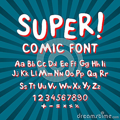 Creative comic font. Alphabet in style of comics, pop art. Multilayer funny red & chocolate 3d letters and figures on a yellow ci Vector Illustration