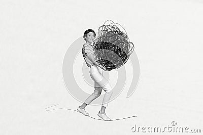 Creative composite abstract photo collage of scared worried nervous woman pulling roll of doodles isolated on white Stock Photo