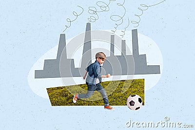 Creative composite photo collage of adorable child play football while industrial plant polluting air on Stock Photo