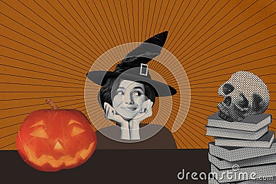 Creative composite photo collage of cute witch prepare for celebrating halloween with skull pumpkin isolated on drawing Stock Photo