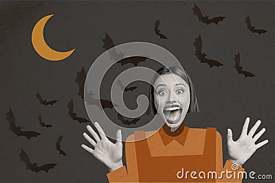 Creative composite photo collage of scary frightened girl staring open mouth scream at halloween night isolated on Stock Photo