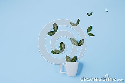 Creative composition. Coffee cup with birds made of natural green leaves on blue background. Stock Photo