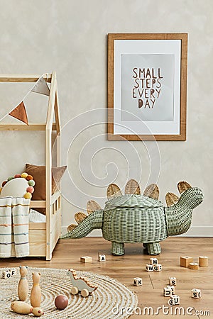 Creative composition of cozy scandinavian child`s room interior with mock up poster frame, plush and wooden toys and textile. Stock Photo