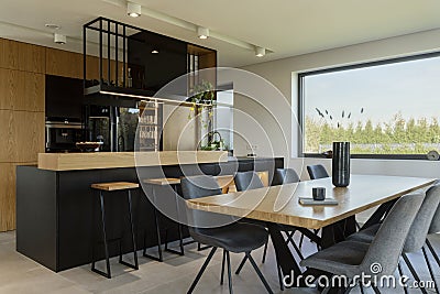 Creative composition of dining room and kitchen open space interior design. Rectangle family table, velvet chairs, wooden. Stock Photo