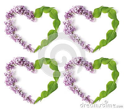 Creative composition - four hearts produced from freshly cut lilac flowers on a white background in the shape of a square, flat Stock Photo