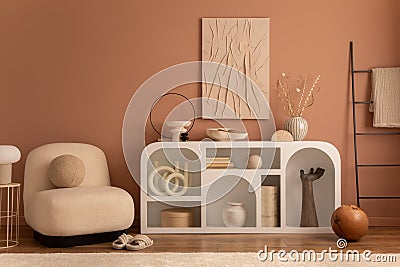 Creative composition of living room interior with mock up poster frame, modern white commode, stylish armchair, round pillow, vase Stock Photo