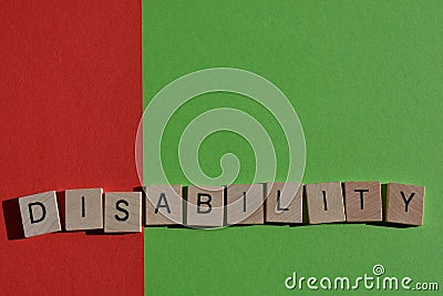 Disability, isolated word on red and green background Stock Photo