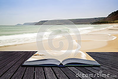 Creative concept pages of book Sennen Cove beach before sunset i Stock Photo