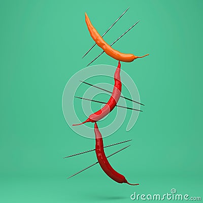 Creative Concept : Red peppers impaled floating on green background. Minimal food idea concept. Stock Photo