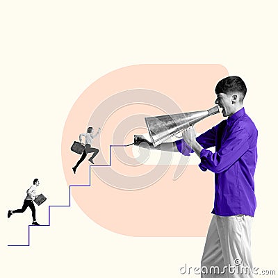 Creative conceptual design. Young man shouting in megaphone to cheer up employees running up the stairs. Motivation Stock Photo