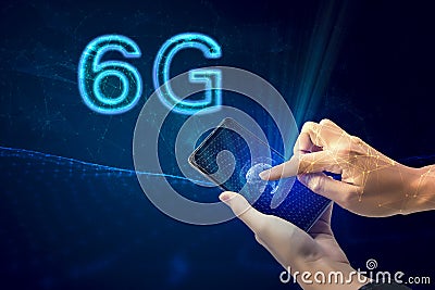 Creative connection background, mobile phone with 6G hologram on the background of the new world era, the concept of 6G network, Stock Photo